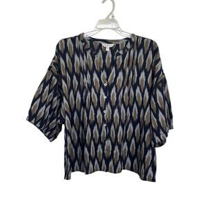 Garnet Hill Uma Ikat Button Front Top Size Large Geometric Lagenlook Boxy FIt
